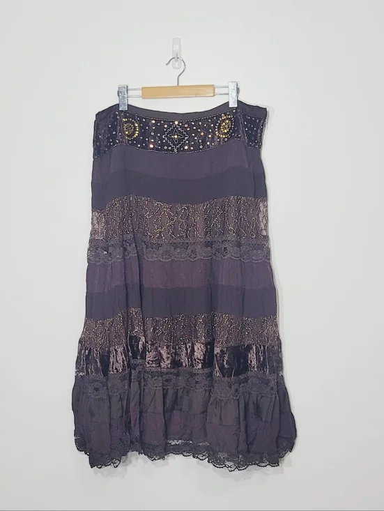 Le Chateau Vintage Brown Mix Media Lace Crashed Velvet Bohemian Zipper Side XL - Picture 3 of 15